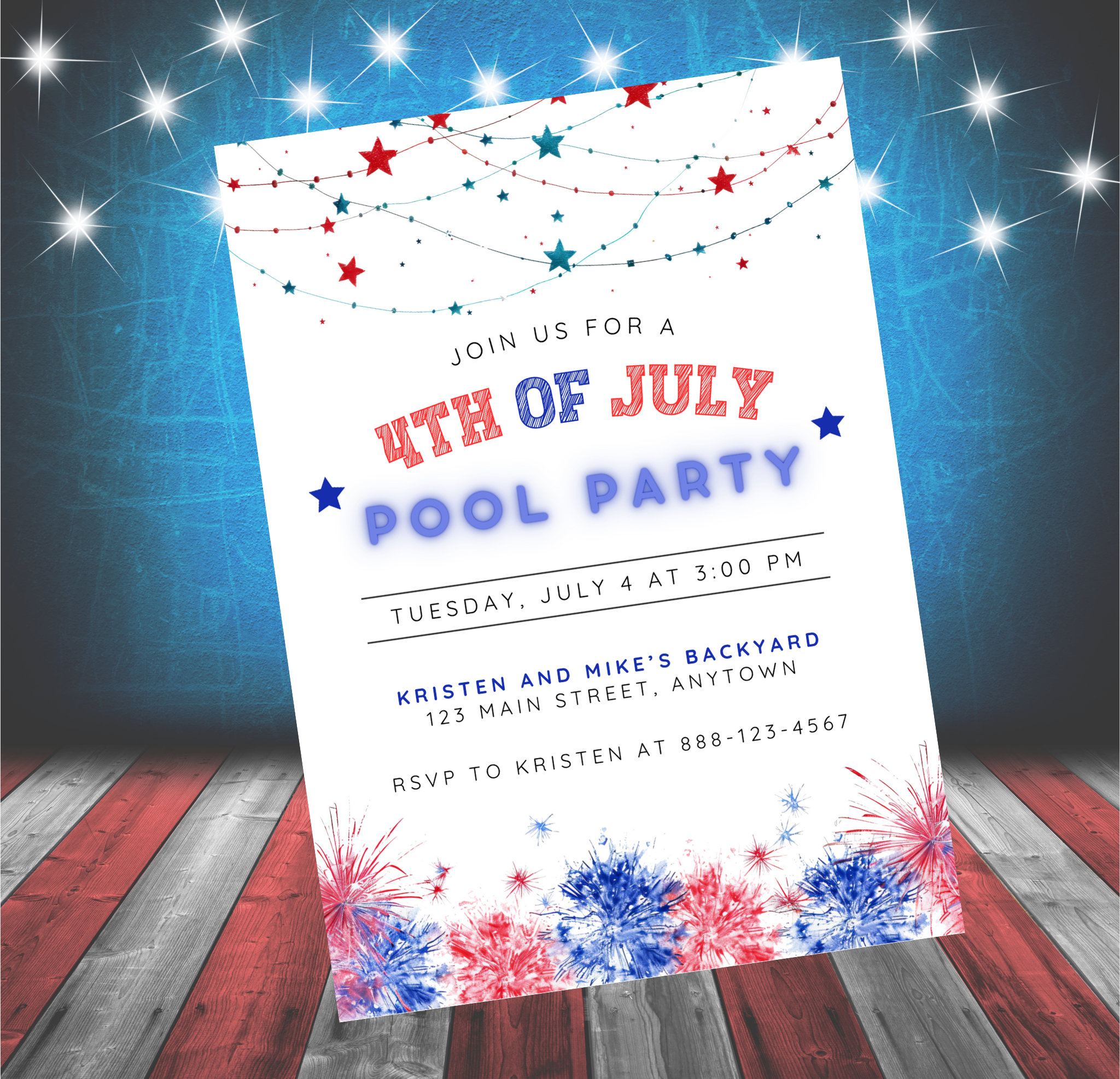 4th of July Pool Party Invitation, Patriotic Red White Blue Memorial ...