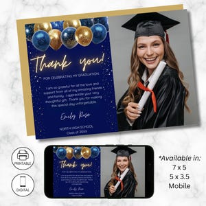 Abschlussfeier Foto Danke Kartenvorlage, Blau & Gold, College High School bestanden, sofortiger Download, bearbeitbar personalisiert druckbar 2