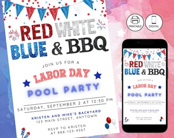 Labor Day Pool Party Glitter Invitation, Patriotic Red White Blue Labor Day Swim Invite, Grill Cookout BBQ Celebration, Editable Printable