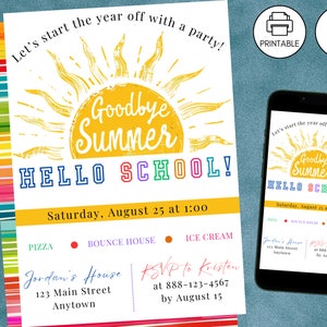 End of Summer Back to School Bash Kids Party Invitation, Goodbye Summer Hello School Celebration Invite, Instant Download, Digital Invite,