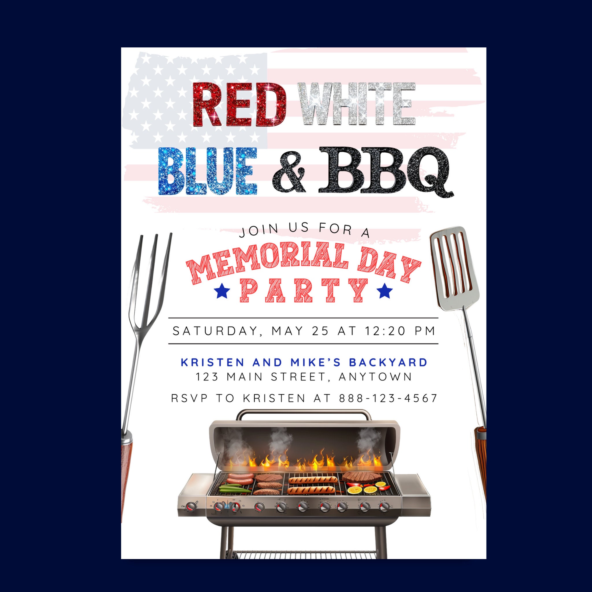 Memorial Day BBQ Party Glitter Invitation Template, Patriotic Red White ...