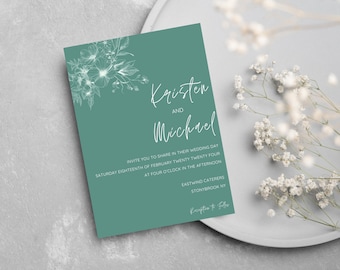Sage Green White Floral Wedding Invitation Template, Instant Download, Boho Botanical Event Stationery Invite, Modern Minimalist, Editable