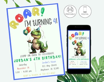 Roar I'm Four Dinosaur Birthday Party Invitation Template, T-Rex Invite, Instant Download, Dino 4th Bday, Editable, Boy Girl, Balloon Cake 3
