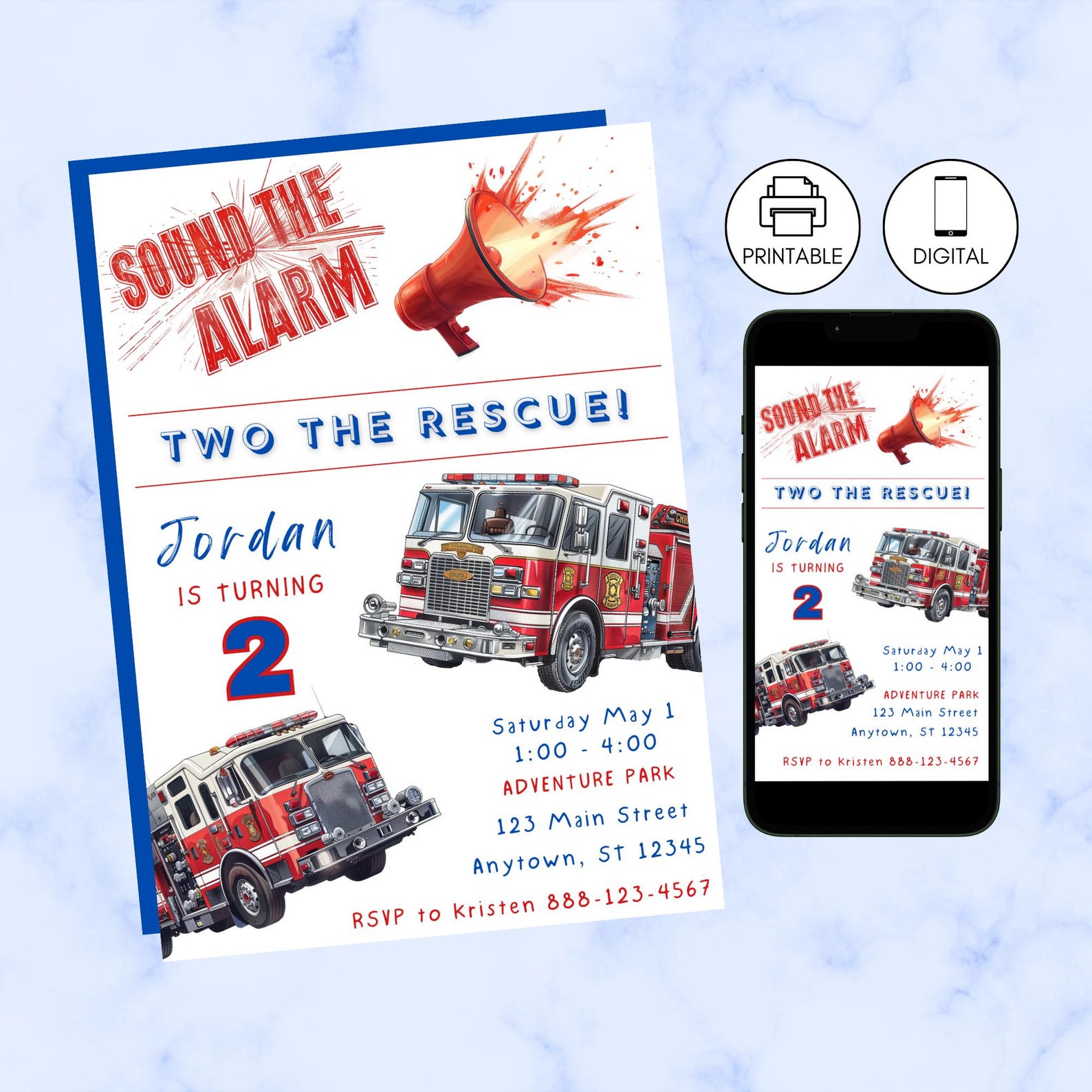 Fire Rescue Invitations Two the Rescue Fire Truck Birthday Party Invitation Template, Instant ...