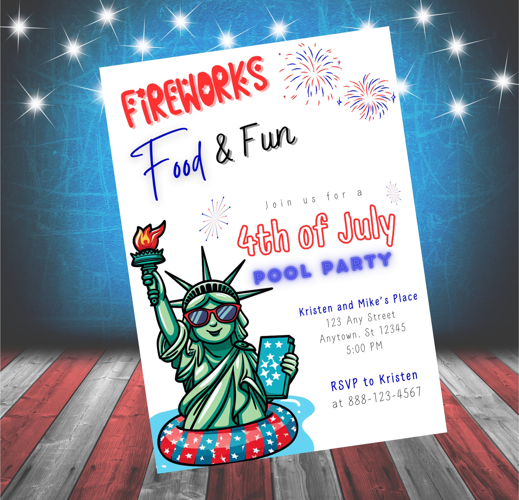 4th of July Pool Party Invitation, Patriotic Red White Blue ...