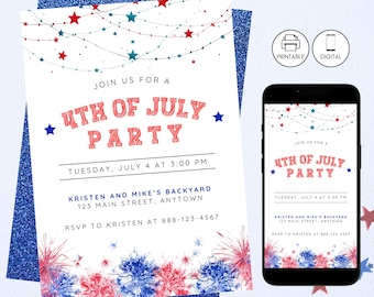 4th of July Party Invitation, Patriotic Red White Blue Independence Day Celebration Invite, Instant Download, Glitter Fireworks, Cookout BBQ