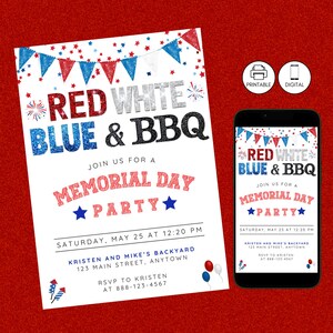 Memorial Day BBQ Party Glitter Invitation Template, Patriotic Red White Blue Invite, Barbeque Cookout Celebration, Editable Printable, Flags
