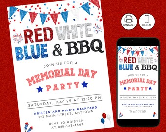 Modelo de convite com glitter para churrasco do Memorial Day, convite patriótico vermelho, branco e azul, celebração de churrasco, editável para impressão, bandeiras