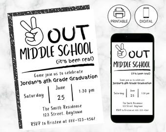 Middle School Graduation Invitation, Peace Out Middle School, Editable Party Invite, 8th Grade Grad, Instant Download, End of Year, Modern