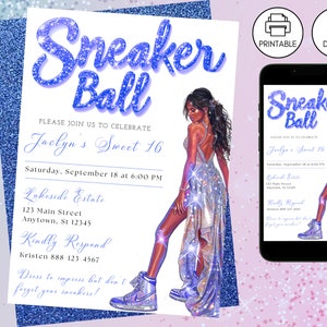 Sneaker Ball Birthday Party Invitation Blue, Instant Download, Editable Kicks Celebration Gala Bash, Sweet 16, Tween Teen Invite Glitter