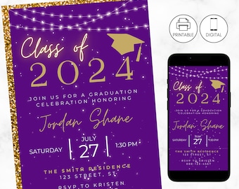 May include: Purple graduation party invitation with gold text and a gold graduation cap. The invitation says "Class of 2024" and includes the name "Jordan Shane". The invitation also includes the date and time of the party, "Saturday, July 27, 1:30 PM", and the location, "The Smith Residence, 123 Street, ST". The invitation also includes the RSVP information, "RSVP to Kristen, 888-123-4567".