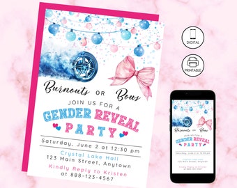 Burnouts of bogen Gender Reveal uitnodiging digitale download uitnodiging sjabloon, bewerkbare jongen of meisje partij uitnodigen, hij of zij baby shower