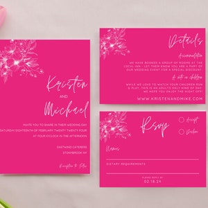 Bright Pink White Floral Wedding Invitation Suite Template, Summer Invite, Instant Download, Botanical Stationery Bundle, Details RSVP Set