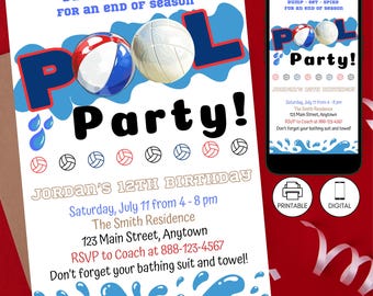 Volleyball Pool Birthday Party Invitation Template, Sports Summer Pool Party Invite, Instant Download, School Team, Editable Printable
