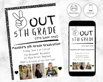 Elementary School Graduation Photo Invitation Template, Peace Out, Editable Party Invite, 5th Grade Grad, Instant Download, End of Year