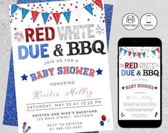 Red White & Due Baby Shower Invitation, 4th Of July Bbq, Fourth Baby Q Invite, Instant Download, Patriotic  Sparkle Boy Girl Celebration