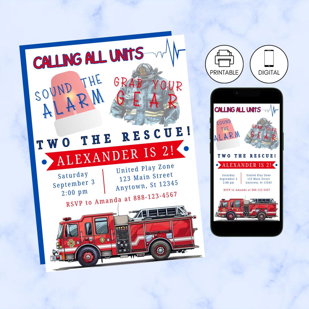 Fire Rescue Invitations Two the Rescue Fire Truck Birthday Party Invitation Template, Instant ...