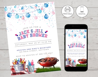 Backyard Baby Shower Party Invitation Template, Baby-Q Gender Neutral Coed Couple Jack & Jill Barbeque Invite, Pink Blue, Boy or Girl, BBQ