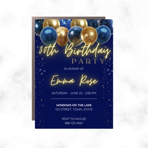 Glitter Balloon Birthday Party Invitation Template with Photo, Bday Invite, Blue & Gold, Instant Download, Any Age, Surprise Celebration