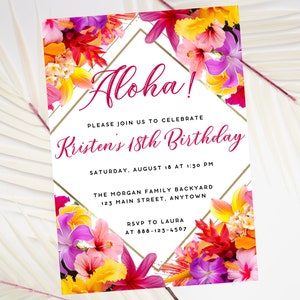 Hawaiian Aloha Birthday Party Invitation, Tropical Luau Bday Party Invite Template, Instant Download, Bright Floral Invitation, Canva
