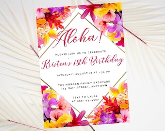 Hawaiianische Aloha Geburtstagseinladung, tropische Luau-Party einladen Vorlage, sofortiger Download, helle Blumeneinladung, Canva