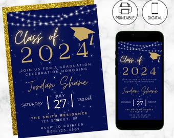 Convite de formatura azul e dourado | Anúncio de formatura | Convites para festa de formatura | Download instantâneo | Convite com foto | Ensino médio e faculdade