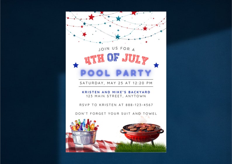 4th of July Pool Party Invitation, Patriotic Red White Blue Memorial ...
