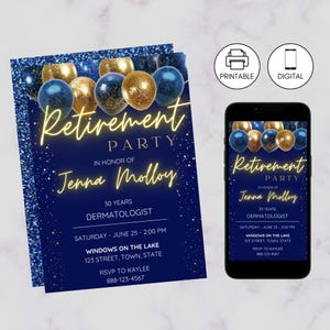 Retirement Party Photo Invitation Template, Cheers Announcement Appreciation Invite, Instant Download, Blue Gold Glitter Balloon, Surprise
