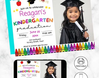 May include: A printable and digital invitation for a kindergarten graduation party. The invitation features a photo of a child in a graduation cap and gown, with colorful crayons and the text "Join us to celebrate! Reagan's Kindergarten graduation. Friday, June 25, 20XX, 11:00 am. Our backyard, 123 Any Street, Town. RSVP to Kristen 888-123-4567."