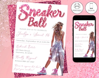 Sneaker Ball Birthday Party Invitation Template Pink, Instant Download, Sweet 16, Kicks Celebration Gala Bash, Teen Tween Invite Glitter