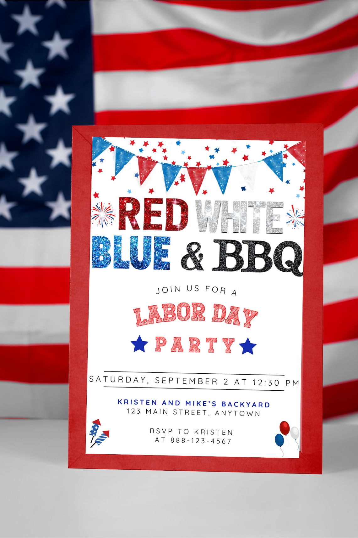Labor Day Party Glitter Invitation, Patriotic Red White & Blue Labor ...