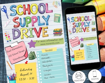Mall för flygblad för skolmaterialinsamling, affisch för skolmaterialinsamling, utskrivbar redigerbar skylt, donation till skolan, direktnedladdning