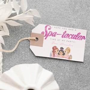 Etiqueta de recuerdo para fiesta de cumpleaños de spa, etiqueta de agradecimiento para mimos de manicura y pedicura, descarga instantánea, minimalista con purpurina rosa, bolsa de regalos
