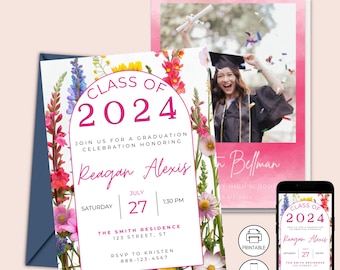 Plantilla de invitación de graduación con flores silvestres, anuncio floral editable, descarga instantánea, invitación de graduación bohemia, minimalista moderna en rosa