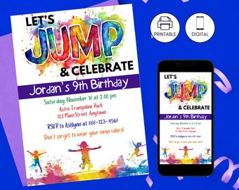 Trampoline Park Birthday Party Invitation Template, Bounce Jump Invite, Editable, Instant Download, Boy Girl Neon Watercolor Celebration