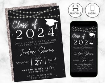 May include: Black and white graduation party invitation with silver glitter accents. The invitation features a string of lights, a graduation cap, and the text "Class of 2024". The invitation is for Jordan Shane's graduation celebration on July 27th at 1:30 PM at The Smith Residence.