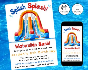 Könnte beinhalten: Eine druckbare Einladung zu einer Wasserrutschenparty. Die Einladung zeigt eine farbenfrohe aufblasbare Wasserrutsche mit dem Text "Splish Splash! Waterslide Bash!" und Details zur Party, einschließlich Datum, Uhrzeit und Ort. Die Einladung enthält auch den Text "Vergiss deinen Badeanzug und dein Handtuch nicht!"