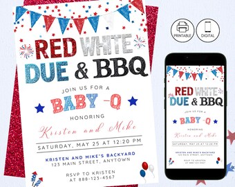 Red White & Due Baby Shower Invitation, 4th Of July Bbq, Fourth Baby Q Invite, Instant Download, Patriotic American Sparkle Flag Celebration
