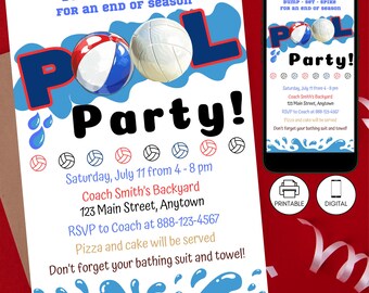 End Of Season Volleyball Team Pool Party Invitation Template, BBQ Celebration Invite, Instant Download, End Of School, Bump Set Spike