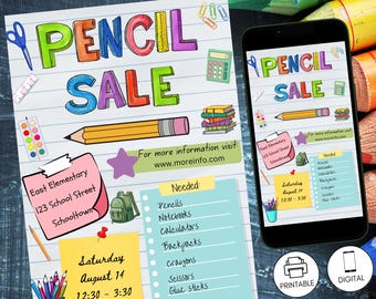 School Pencil Sale Drive Flyer Template, Supplies Fundraiser Poster, Printable Editable Sign, Back to School Donation, Instant Download