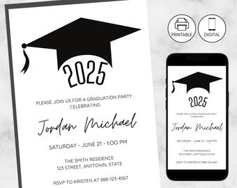 Zwart-wit afstuderen pet uitnodigingssjabloon, aankondiging afstudeerfeest uitnodiging, modern minimalistisch, instant download, kwastje dop 2025