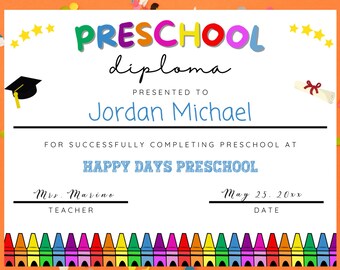 Preschool Graduation Diploma Certificate, Editable Teacher Resource, Pre-K Grad Rainbow Printable, Instant Download, Personalized Last Day