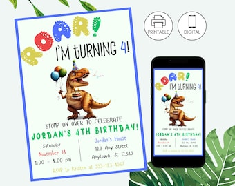 Roar I'm Four Dinosaur Birthday Party Invitation Template, T-Rex Invite, Instant Download, Dino 4th Bday, Editable, Boy Girl, Balloon Cake 2