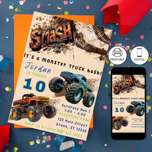 Monstertruck-Geburtstagsvorlage, personalisierter Jungengeburtstag, Monstertruck-Kartendesign, bearbeitbare Einladung, sofortiger Download, Smash