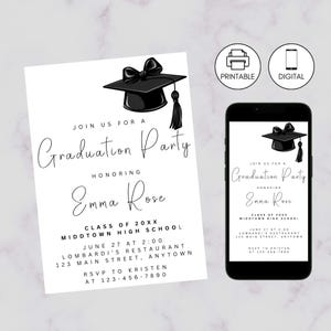 Graduation Party Modern Black Bow Invitation Template, Minimalist Digital Grad Announcement, Class of 2025 Invite, Instant Download, Elegant