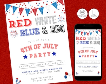 4th of July BBQ Party Invitation Template, Patriotic Red White Blue Independence Day Celebration Invite, Instant Download, Cookout, Fourth