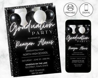 May include: Black and white graduation party invitation with a black background and white glitter. The invitation features a neon white text that says "Graduation Party" and "Reagan Alexis". The invitation also includes the date, time, and location of the party.