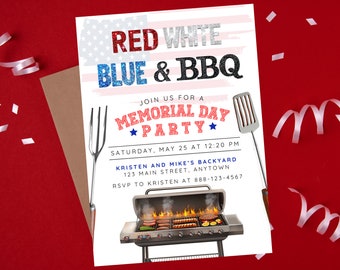 Memorial Day BBQ Party Invitation, Patriotic Red White & Blue Memorial ...