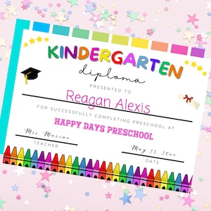 Kindergarten-Abschluss-Diplomzertifikat, bearbeitbare Lehrerressource, graduierter Regenbogen zum Ausdrucken, Sofort-Download, personalisierter letzter Tag