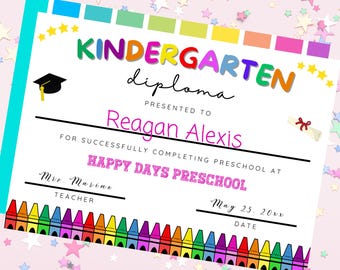 Kindergarten Graduation Diploma Certificate, Editable Teacher Resource, Grad Rainbow Printable, Instand Download, Personalized Last Day